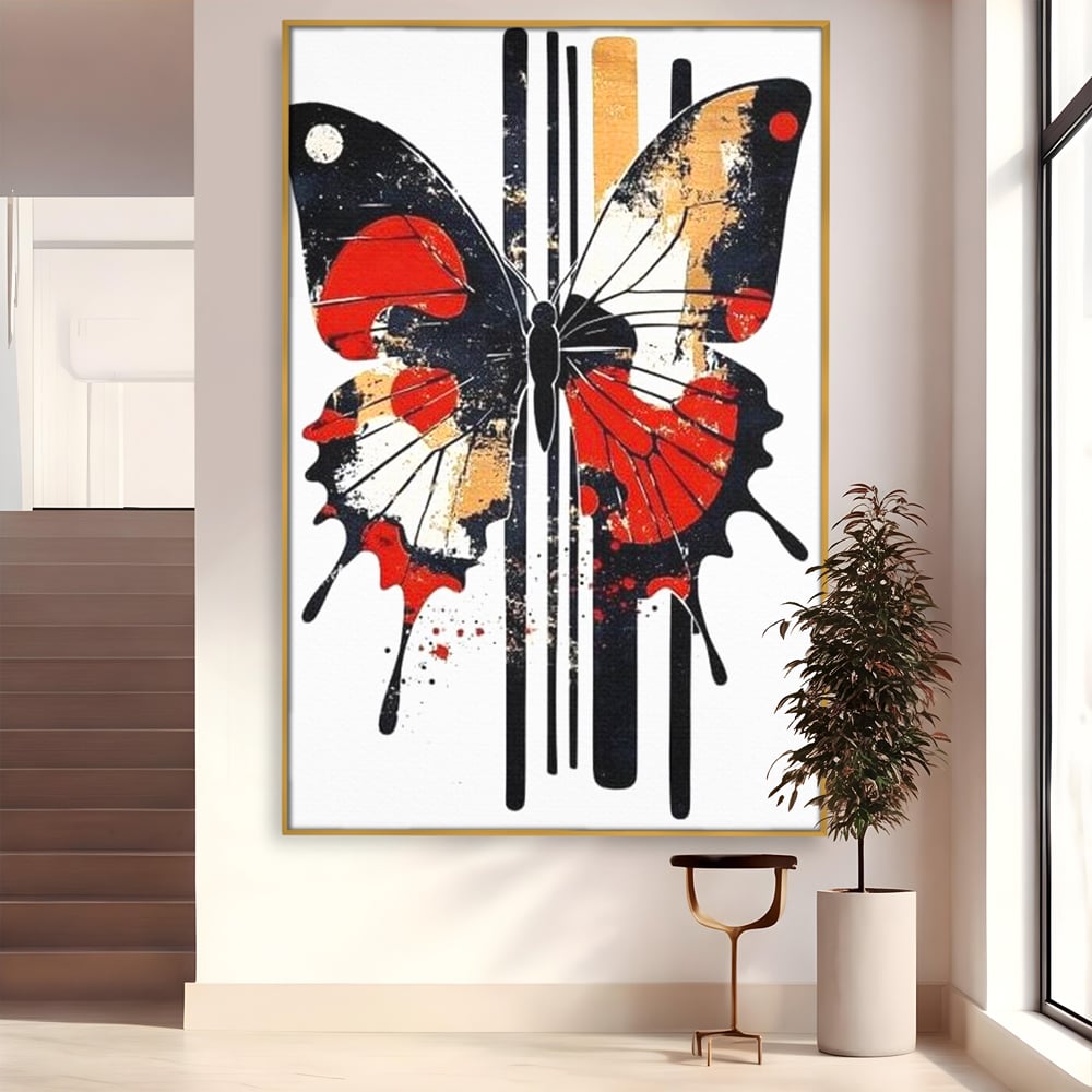 Tablou canvas cu tablou canvas cu fluture grafic, in rama de aluminiu auriu
